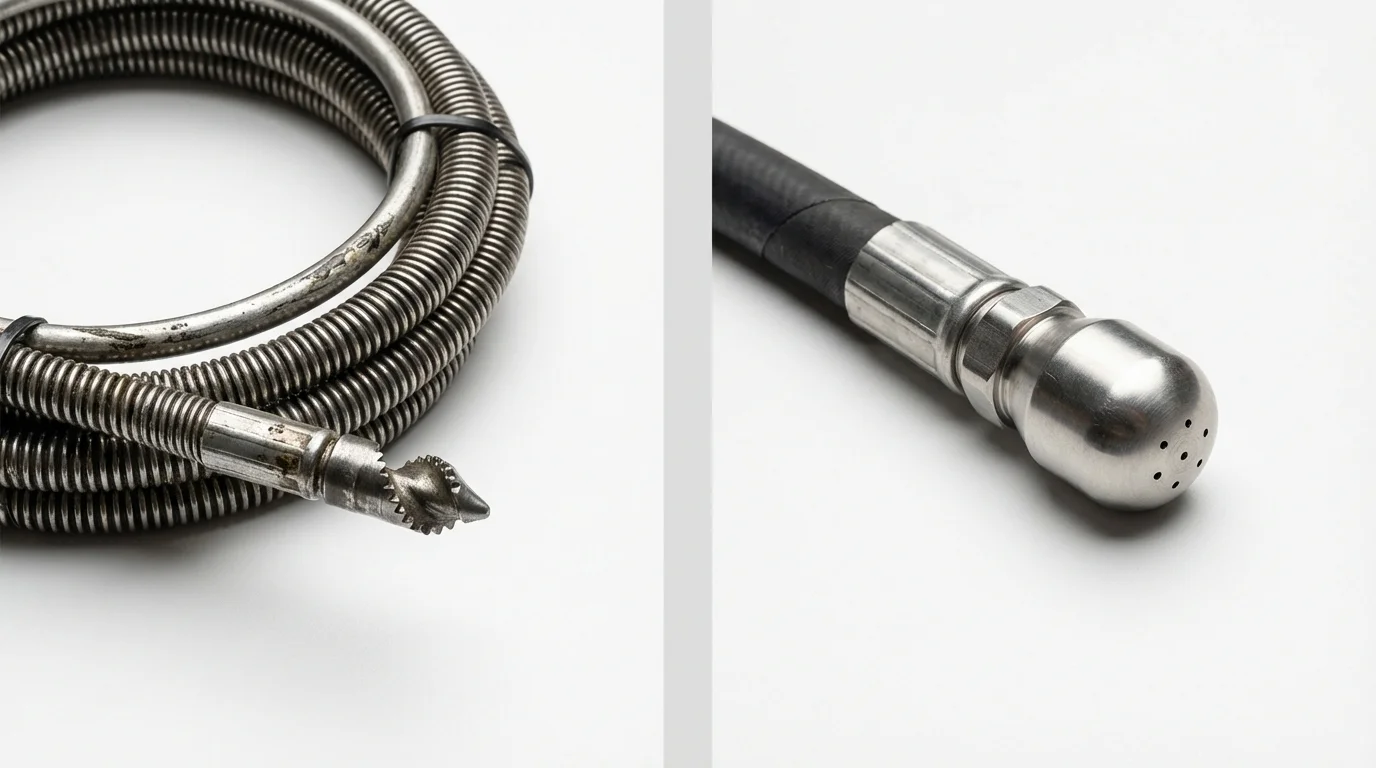 Drain snake cable and hydro jetting nozzle used for drain cleaning in Auburn, ME
