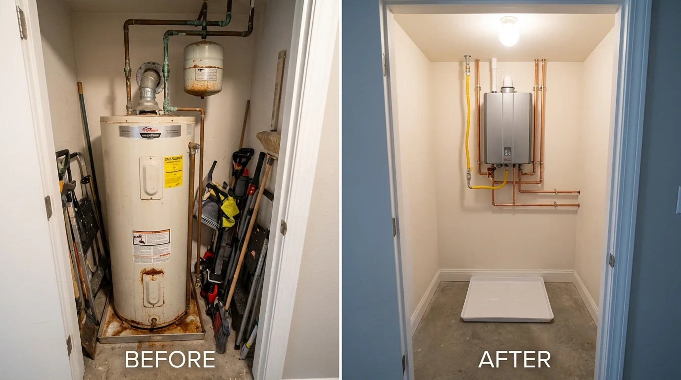 Tank water heater versus wall-mounted tankless unit comparison for Auburn, ME homeowners