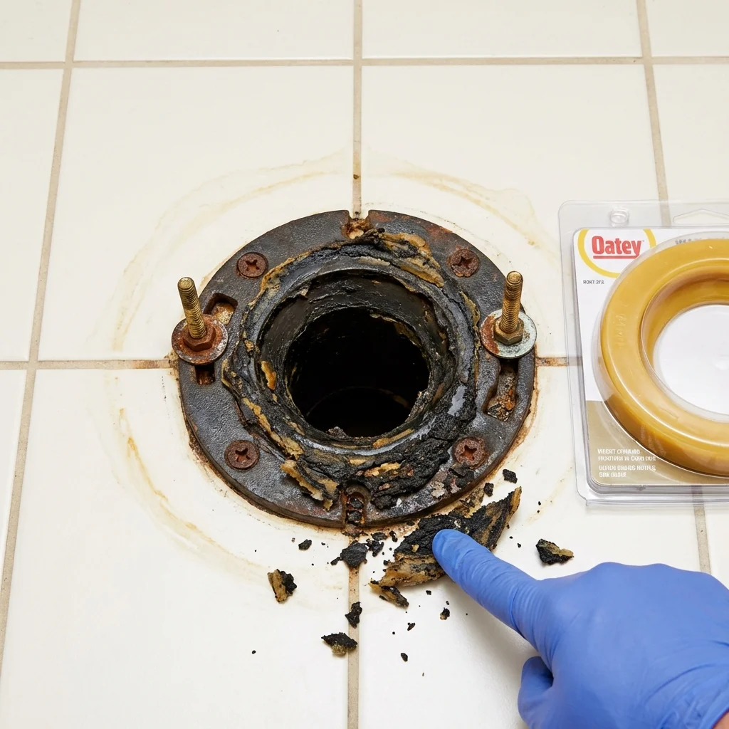 Failed wax ring showing water seepage at the base of a toilet in a Auburn, ME home