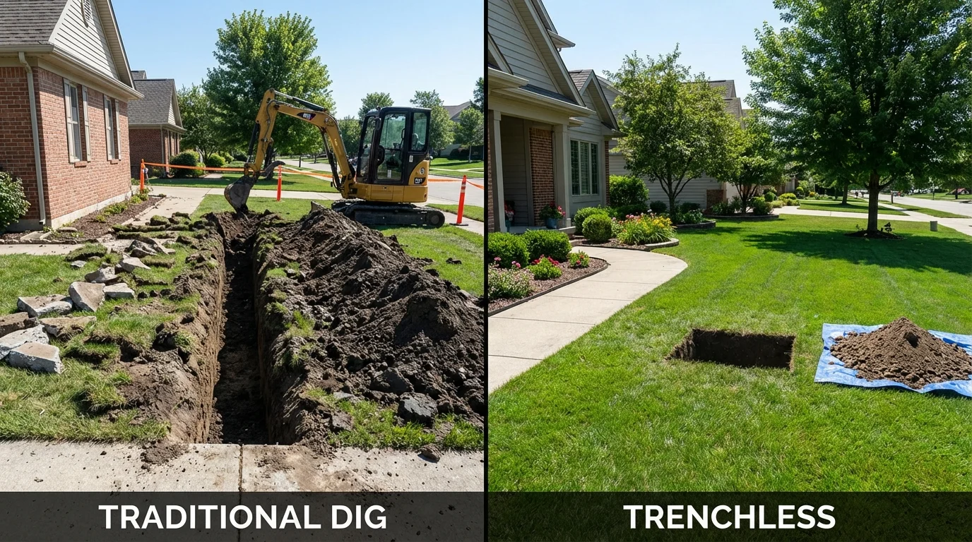 Trenchless sewer repair with minimal yard damage versus traditional excavation in Auburn, ME